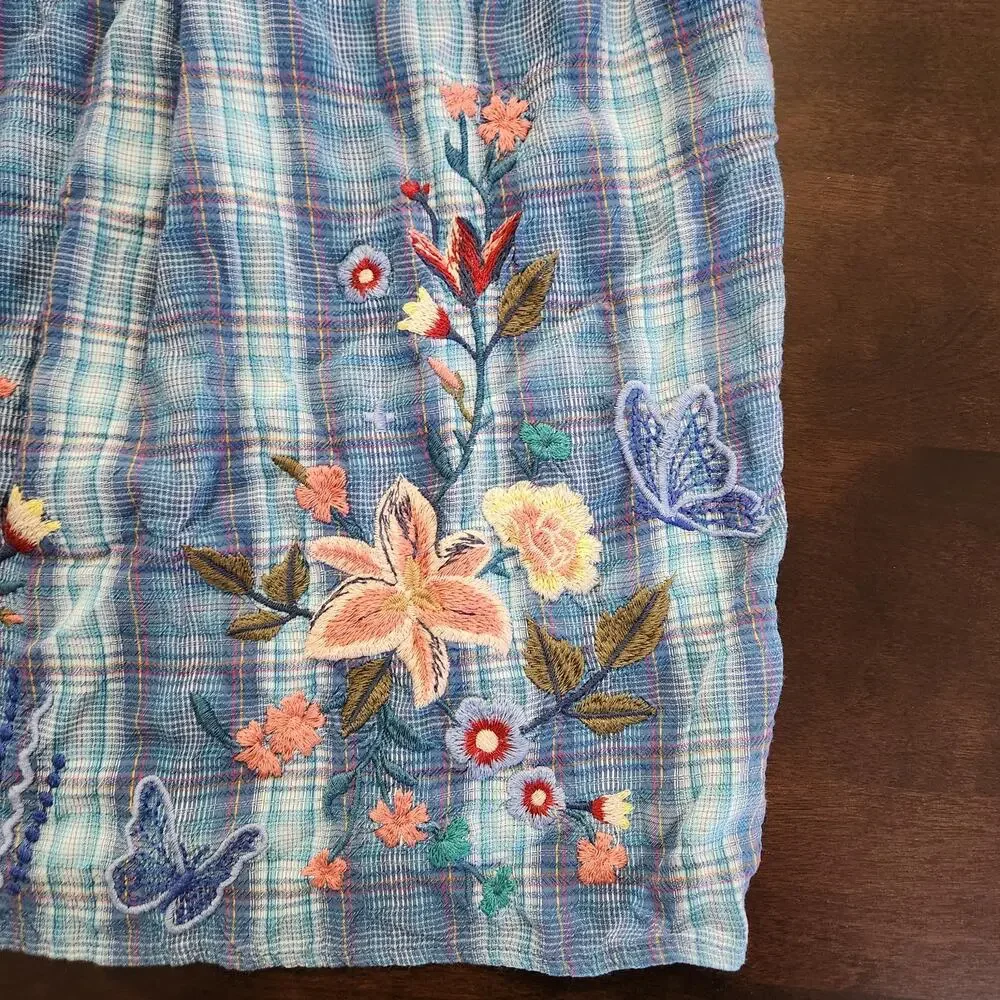 Johnny Was Aimee Puff Sleeve Floral Embroidered Tartan Plaid Peasant Top SzSmall